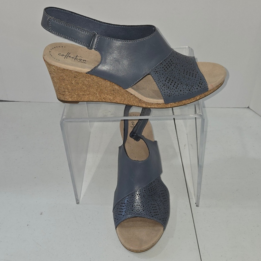 Clarks Collection Women 12 Blue Leather Perforated Wedge Sandals 261454254095
